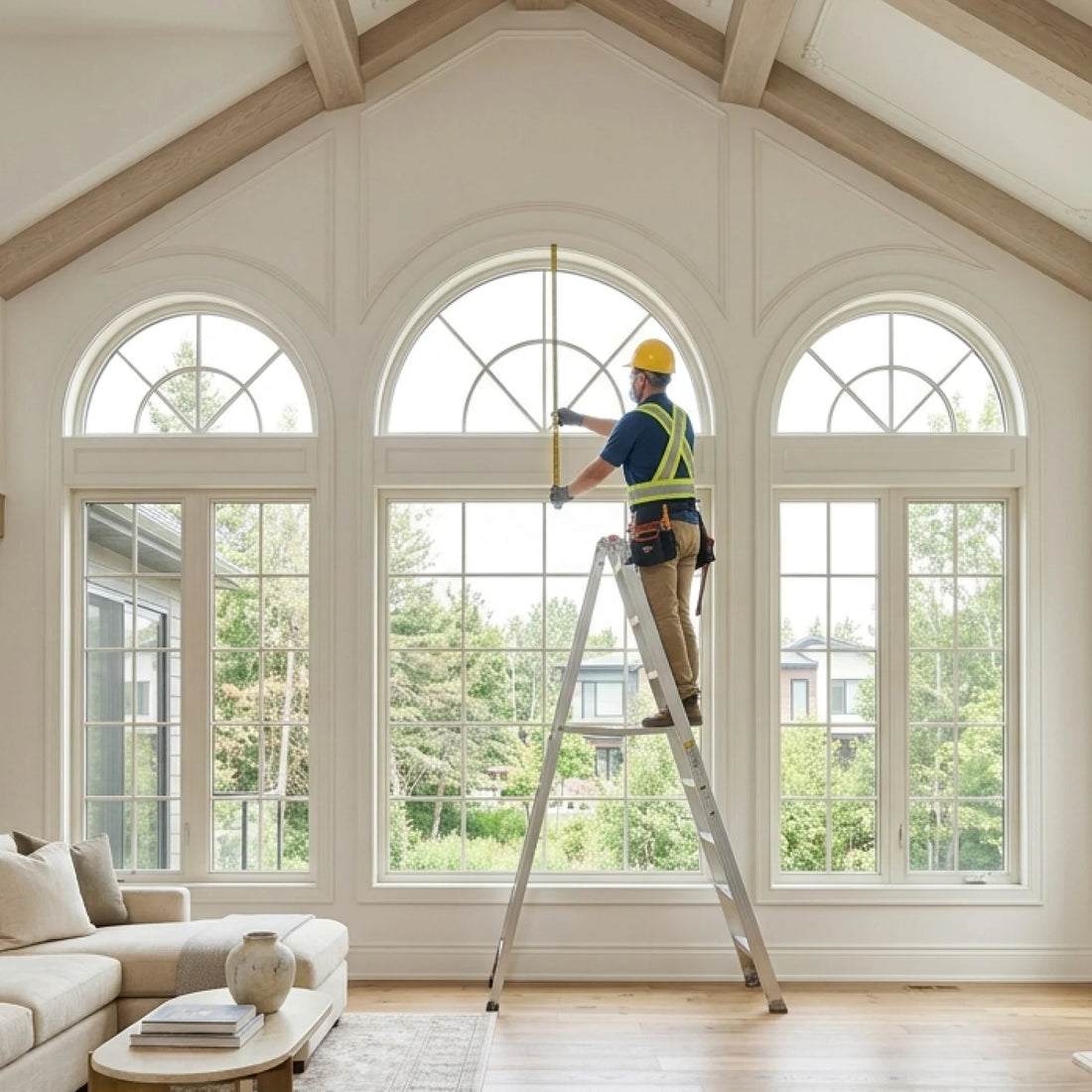 Person on a ladder installing or repairing windows in a home with large arched windows.
