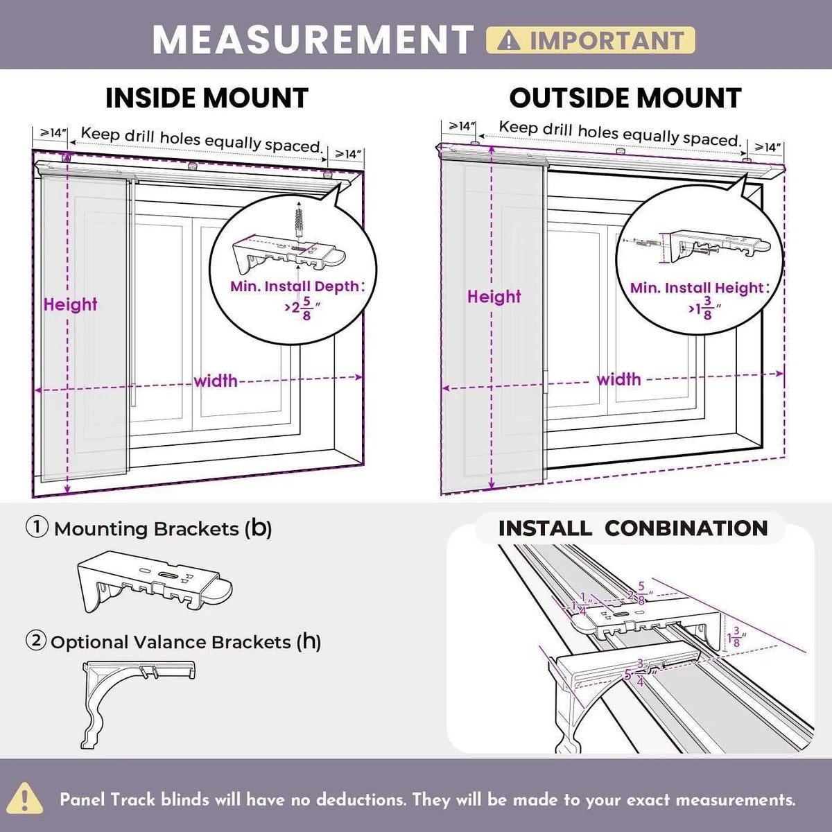 Measurement guide for inside and outside mount panel track blinds with bracket installation diagrams.
