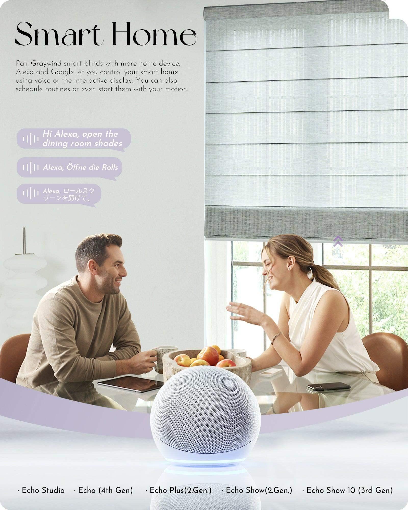 Smart home scene with Alexa-compatible smart blinds, Echo speaker, and couple at dining table