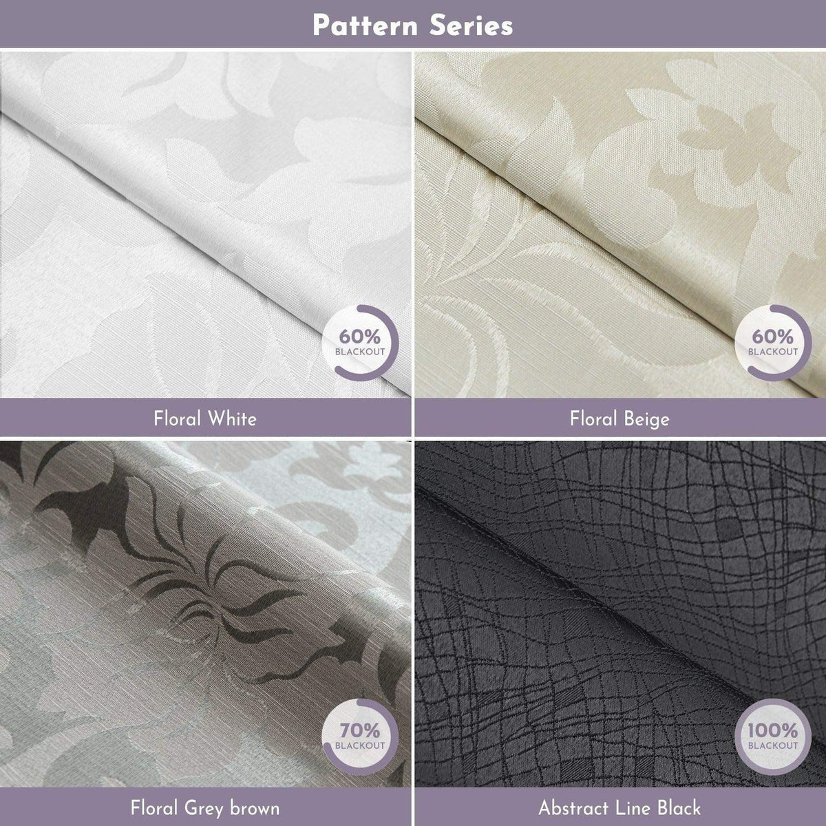 Patterned blackout fabric samples in floral white, floral beige, floral grey brown, and abstract line black designs for custom window treatments.