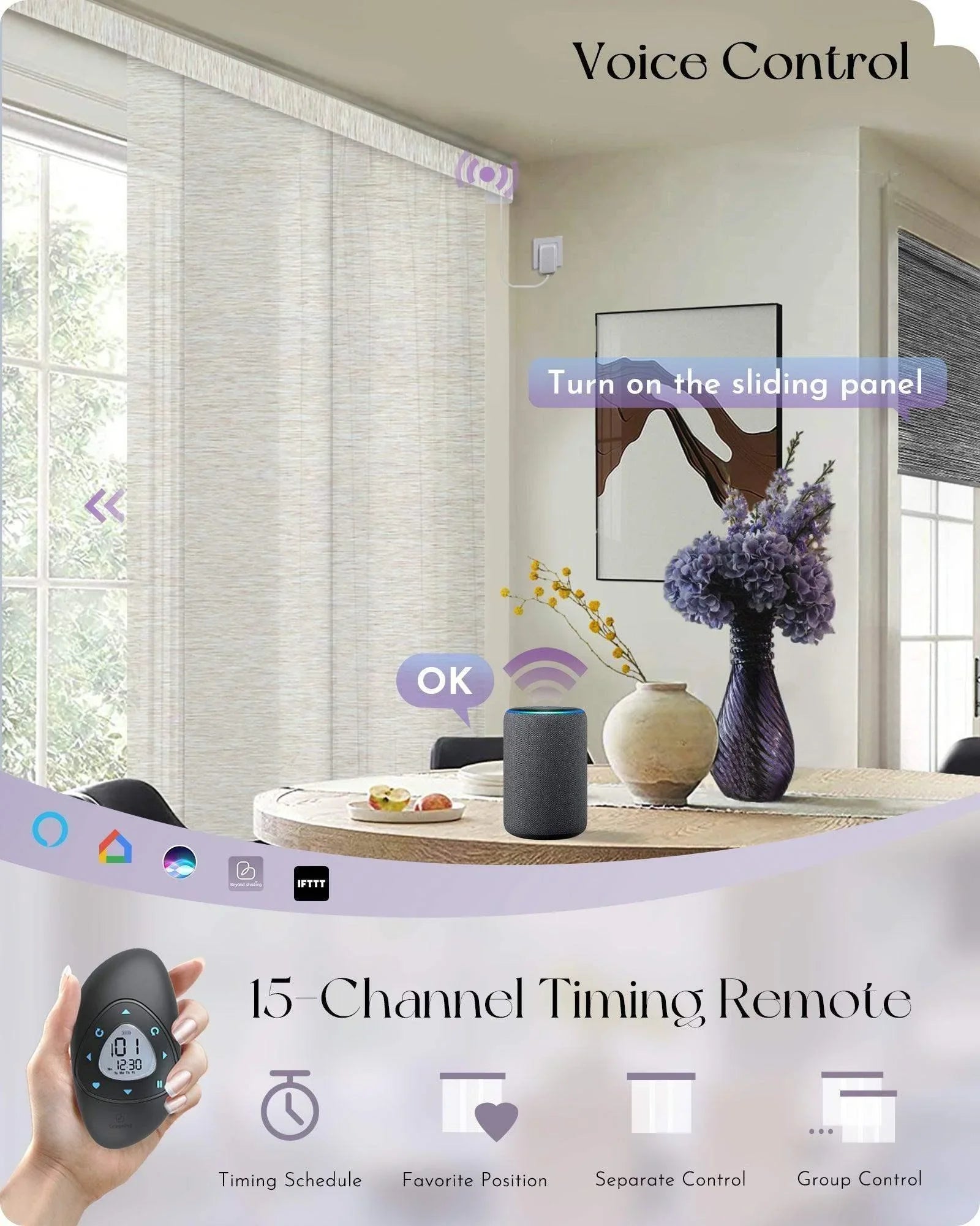 Smart motorized sliding panel blinds in a modern dining room, voice-controlled by a smart speaker and programmable by a 15-channel remote.