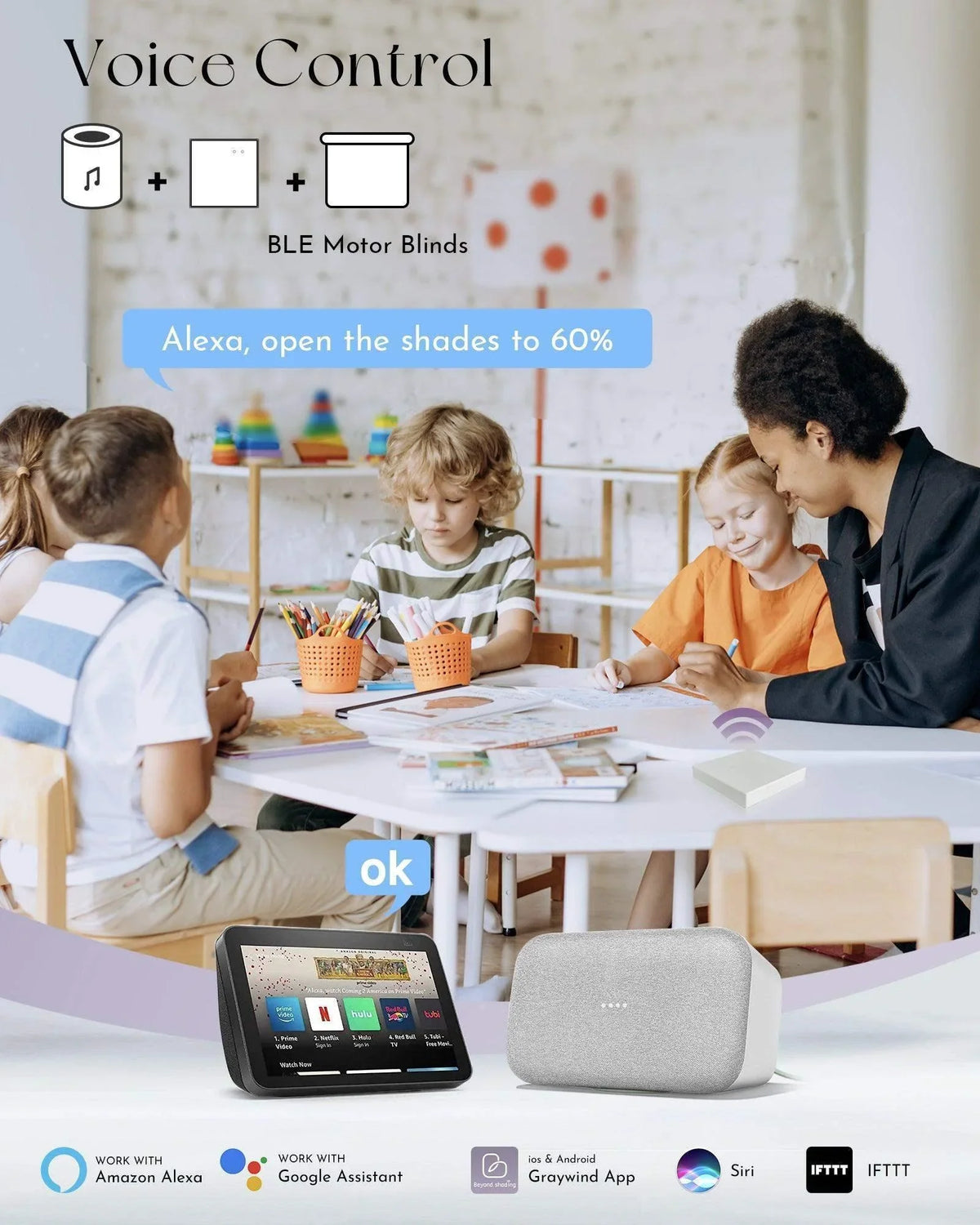 Teacher and children at a table, smart speaker controls motorized blinds via Alexa voice command.