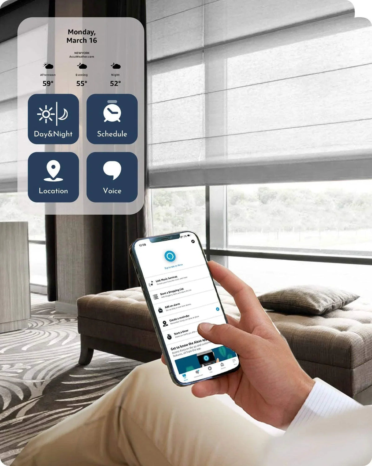 Person using smartphone app to control smart window shades in modern living room
