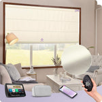Smart Roman shade in living room, compatible with voice assistants and remote control