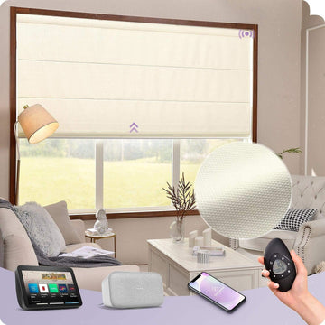 Smart Roman shade in living room, compatible with voice assistants and remote control