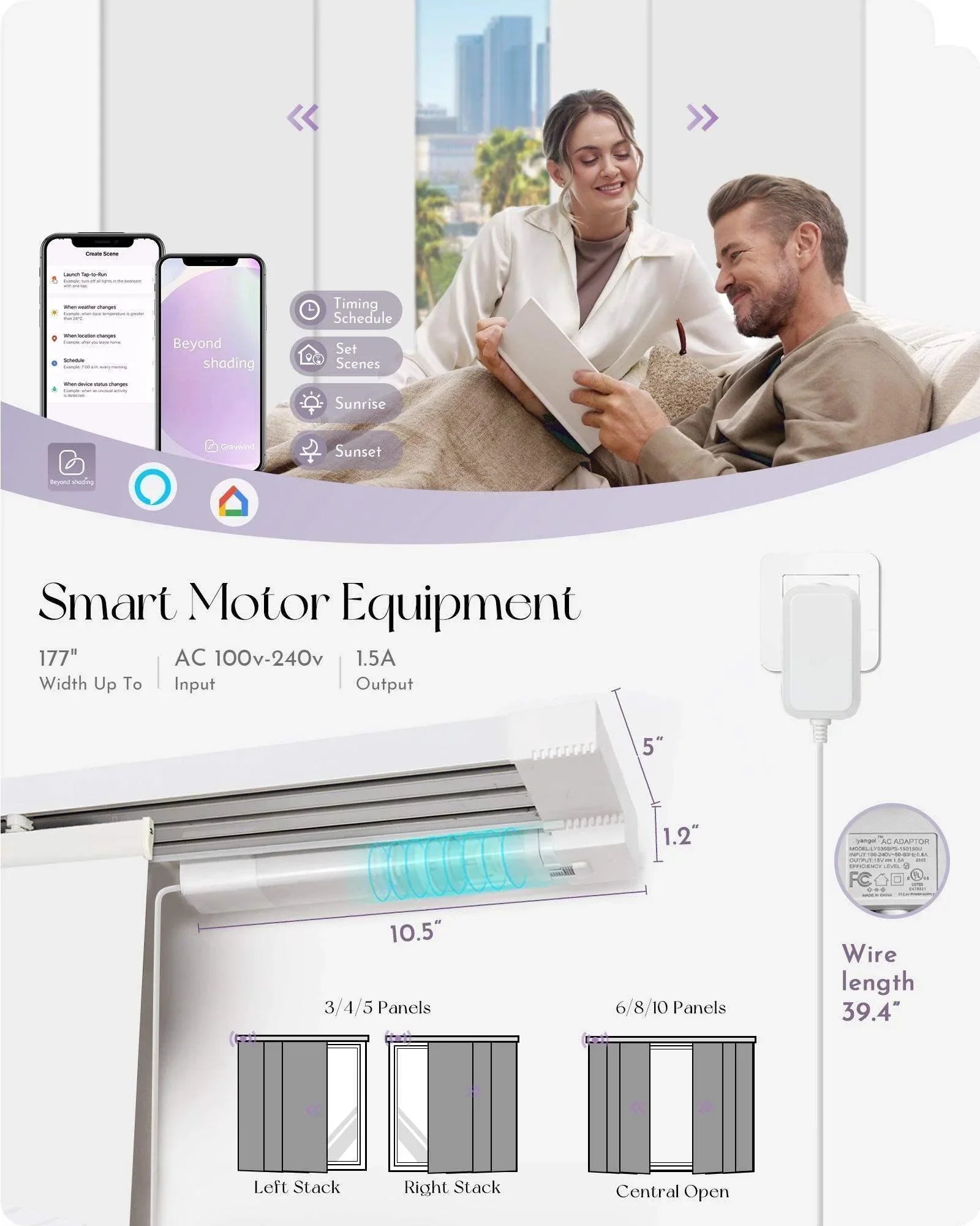 Smart motorized curtain track system with remote control, home automation app, and panel options.