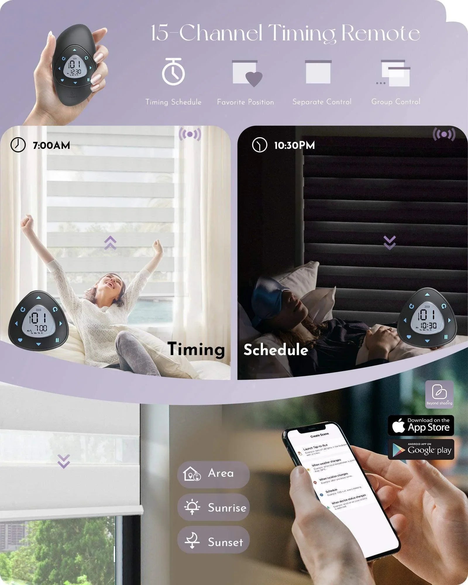 Smart window shade remote control and app interface showing scheduling, timing, and group control features for automated blinds.