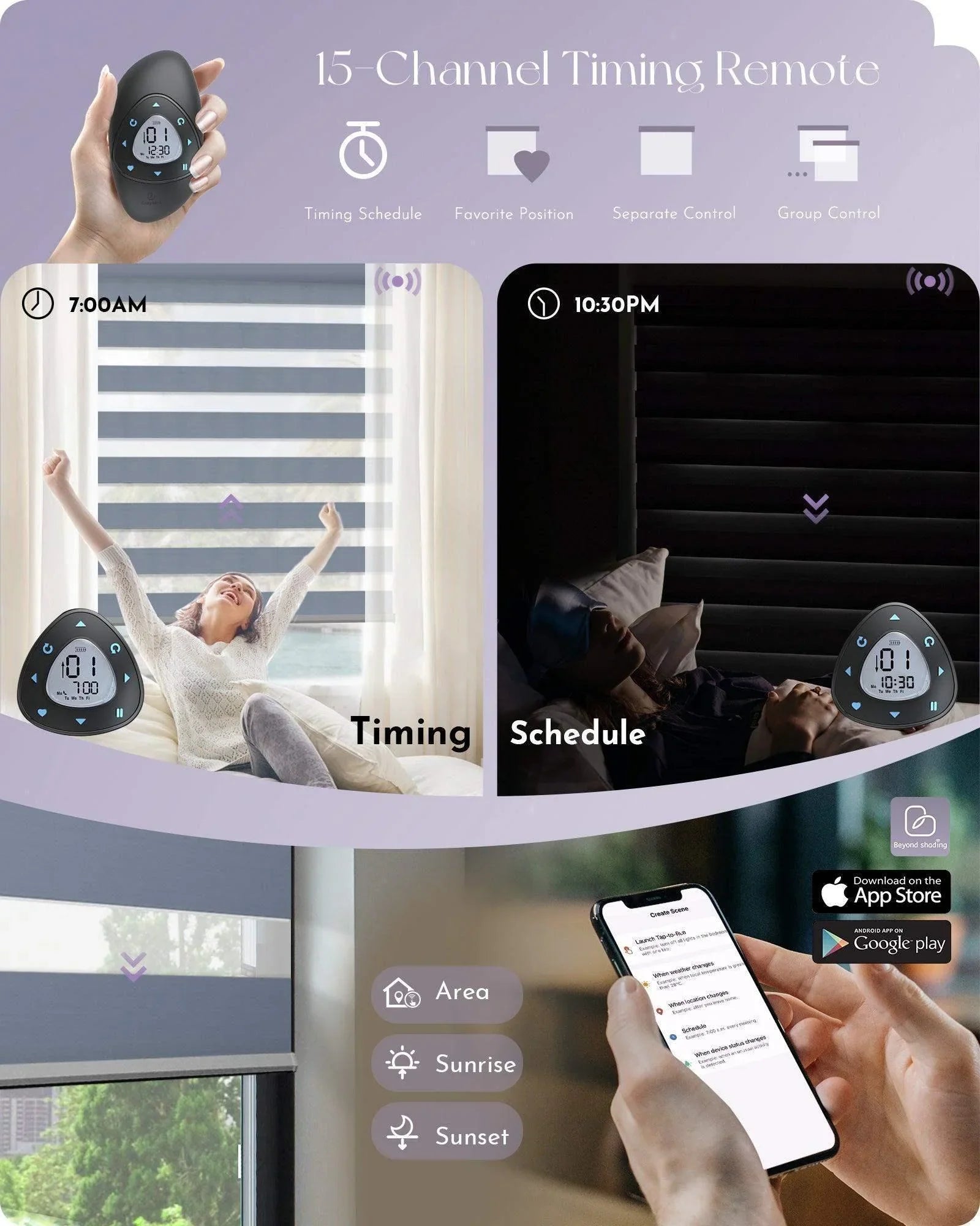 Smart window blinds controlled by remote and mobile app, showing timing and scheduling features.