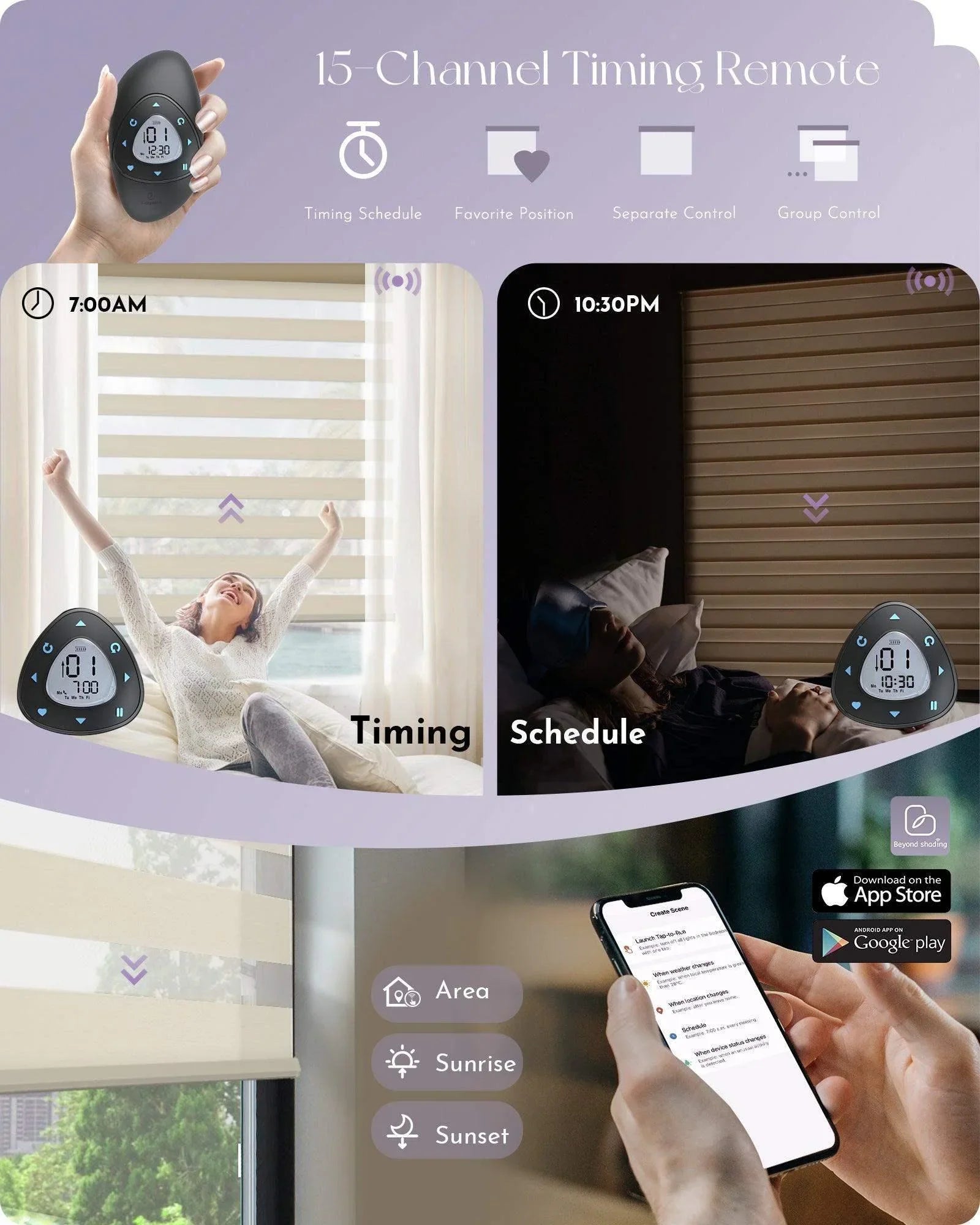 Smart window blinds remote control, timing schedule features, and mobile app integration.