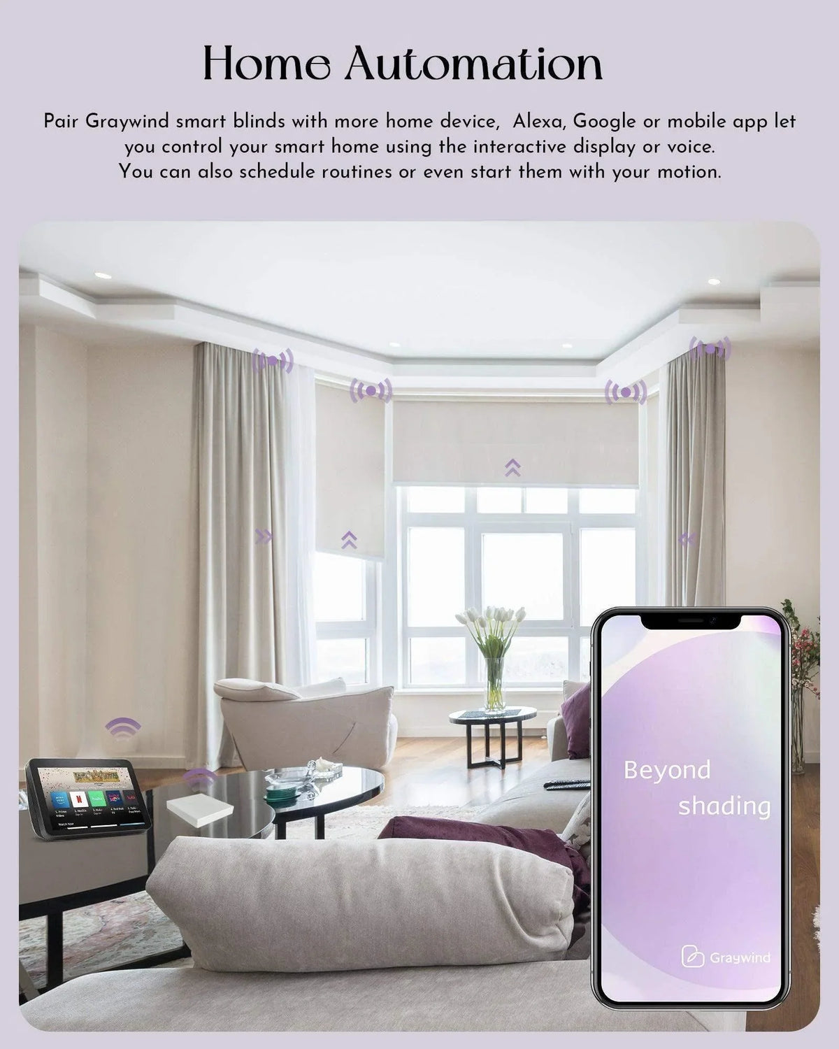 Modern living room with smart motorized blinds, tablet, and smartphone home automation control