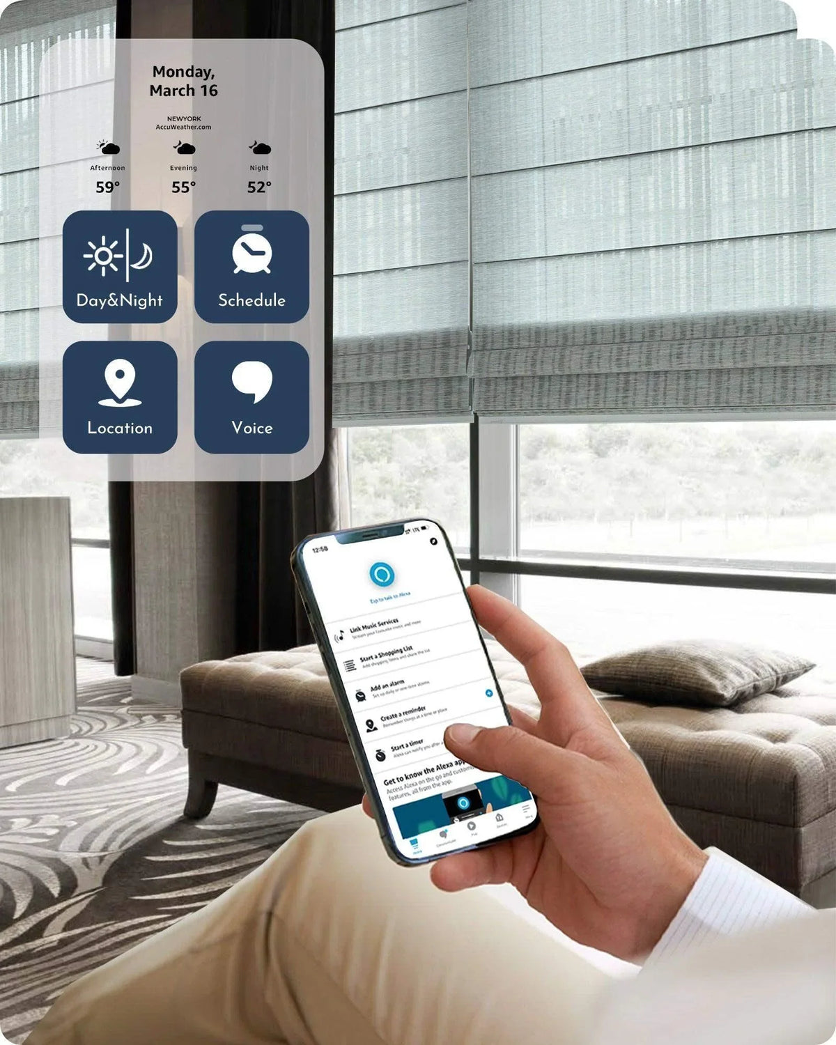 Smart window shades in modern living room, controlled by app on smartphone, automation options visible.