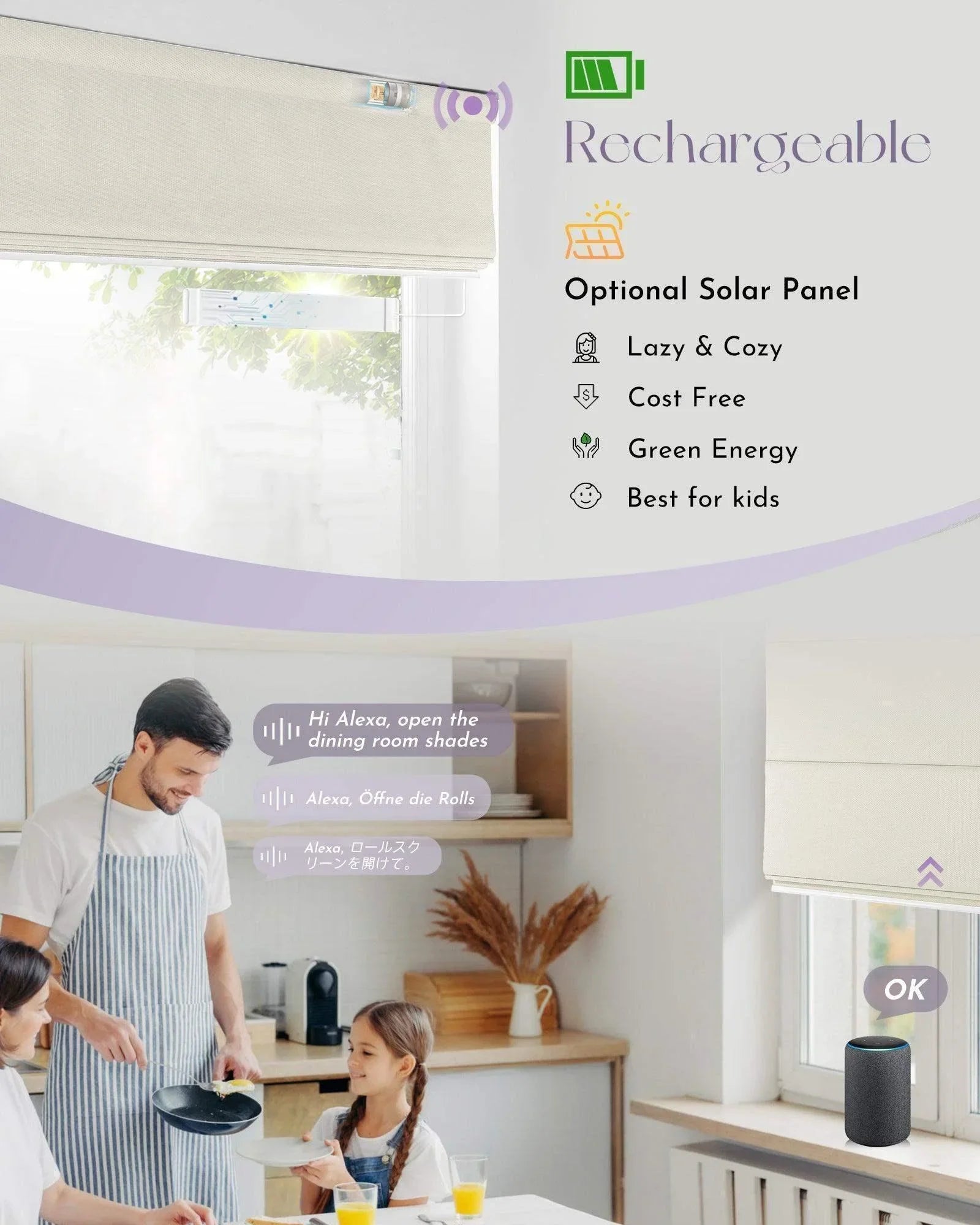 Family in kitchen using voice control for rechargeable smart window shades with optional solar panel.