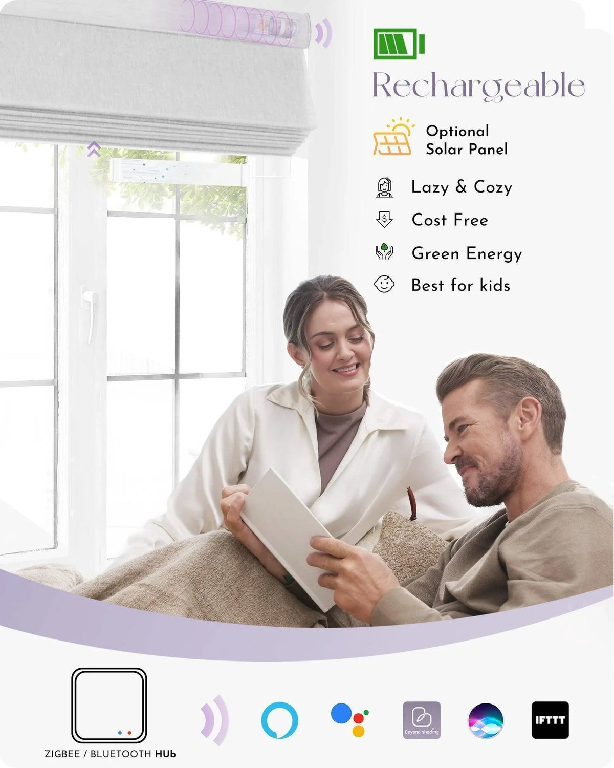Couple relaxing by window with smart rechargeable motorized window shade, home automation icons shown.