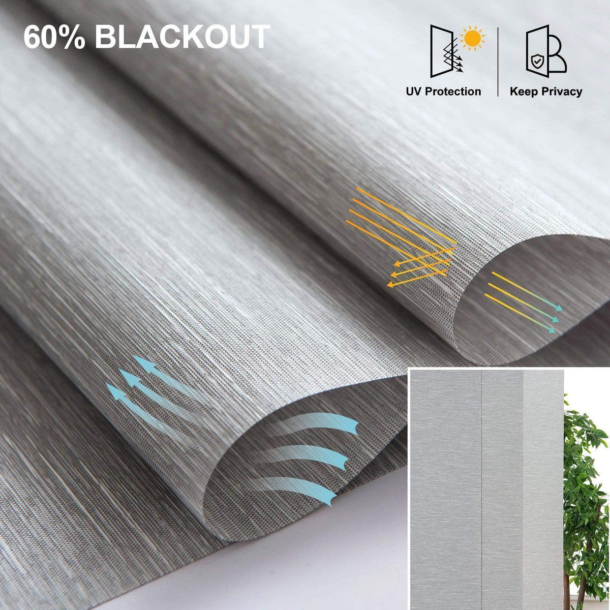 Gray textured blackout fabric for window blinds with UV protection and privacy features.