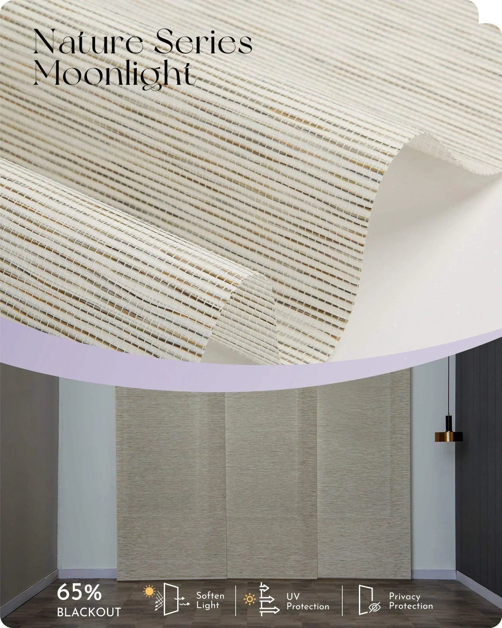 Nature Series Moonlight textured smart window panel with 65% blackout, UV and privacy protection