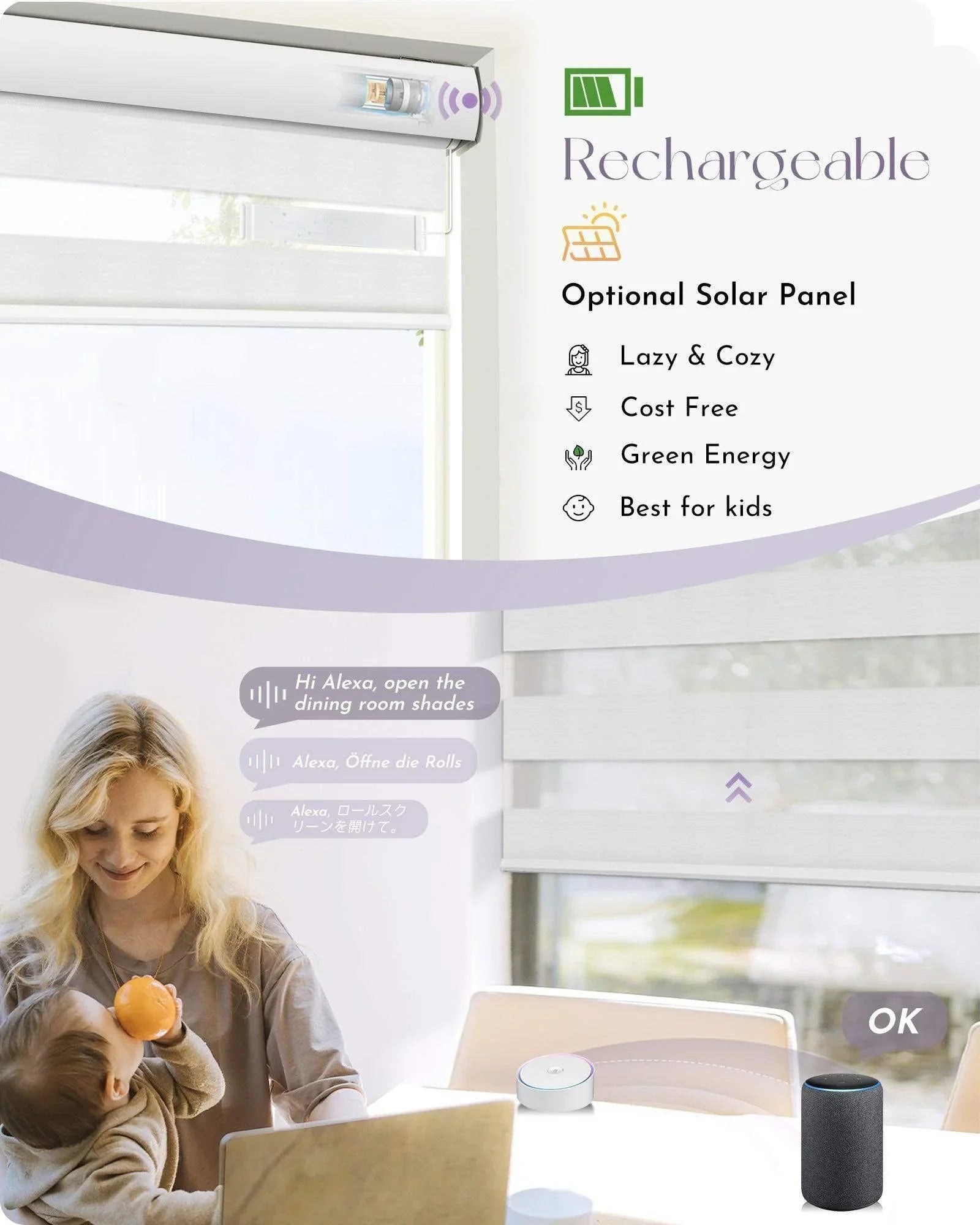 Smart rechargeable roller shade with optional solar panel, voice control, and energy-efficient design in modern home.