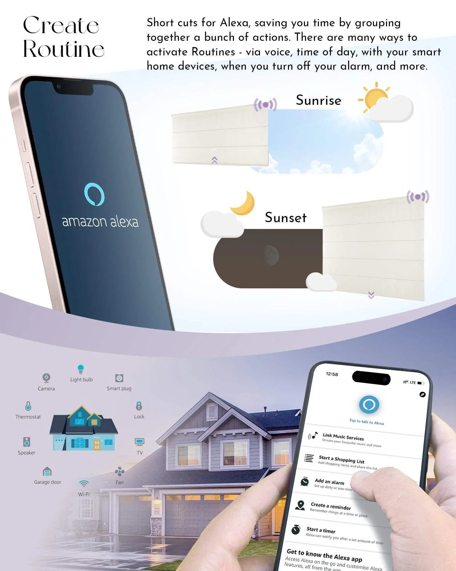 Smart home window shades integrated with Alexa routines, shown on smartphones and a modern house.