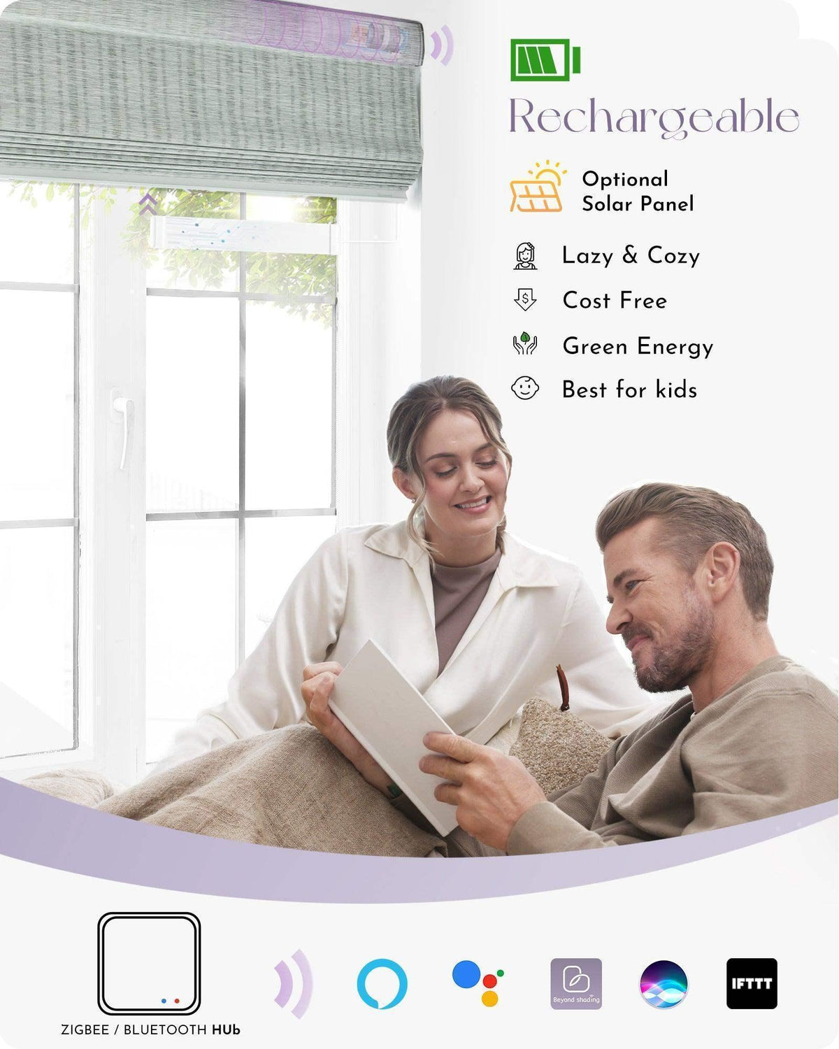 Couple relaxing by window with smart motorized Roman shade, promoting rechargeable, solar-powered, kid-safe window treatment compatible with smart home devices.