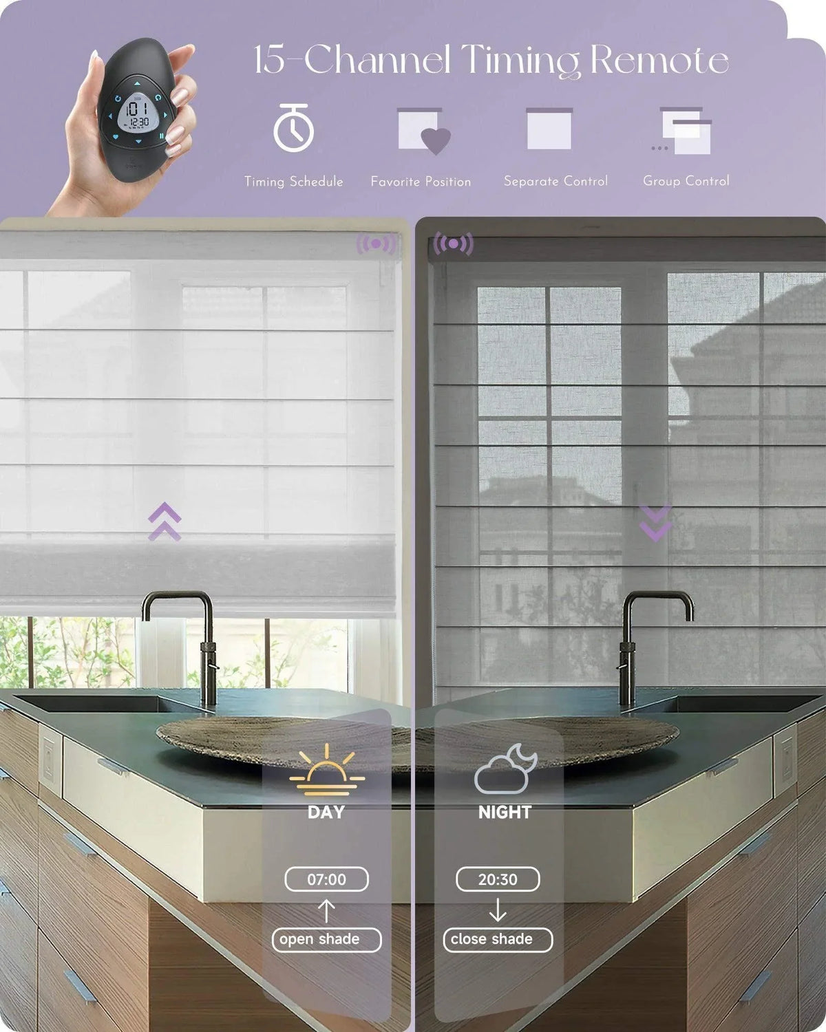 Smart remote control for motorized window shades in a modern kitchen, showing day and night automated shade settings.