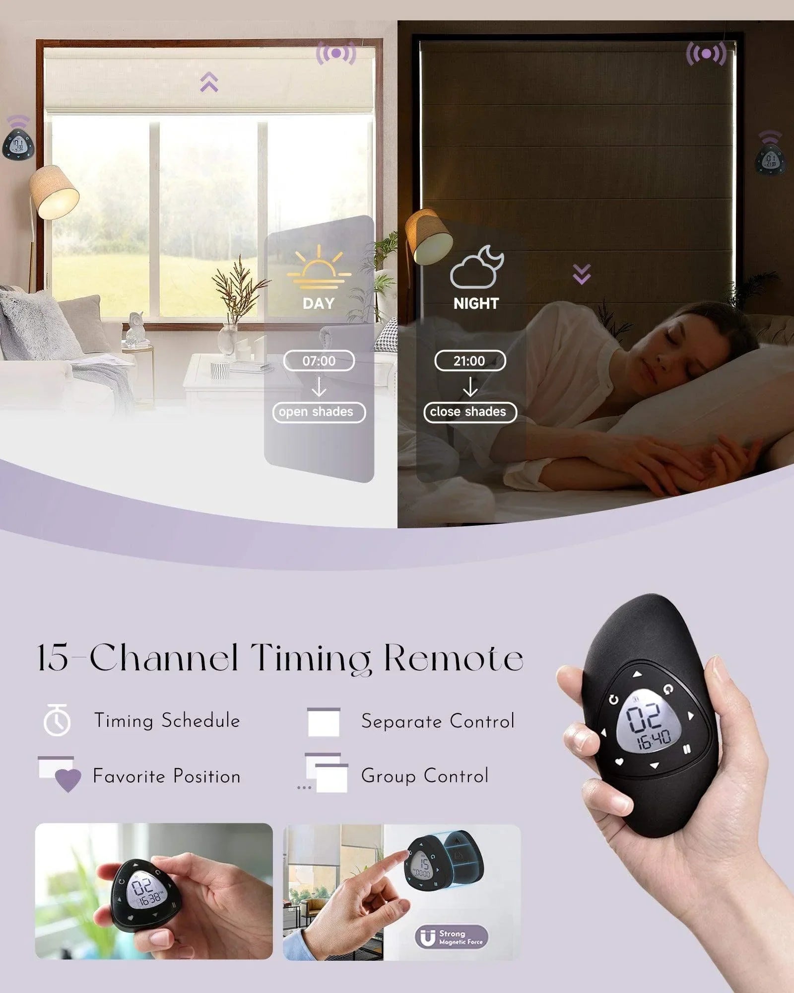 Smart remote-controlled window shades with day and night scheduling, 15-channel timing remote.