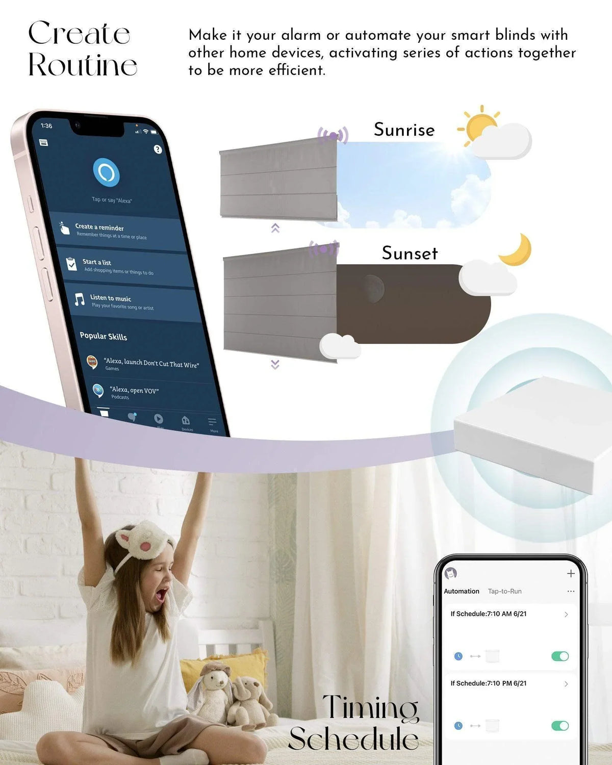 Smart window blinds automation with app, sunrise and sunset schedule, girl waking up in bedroom.