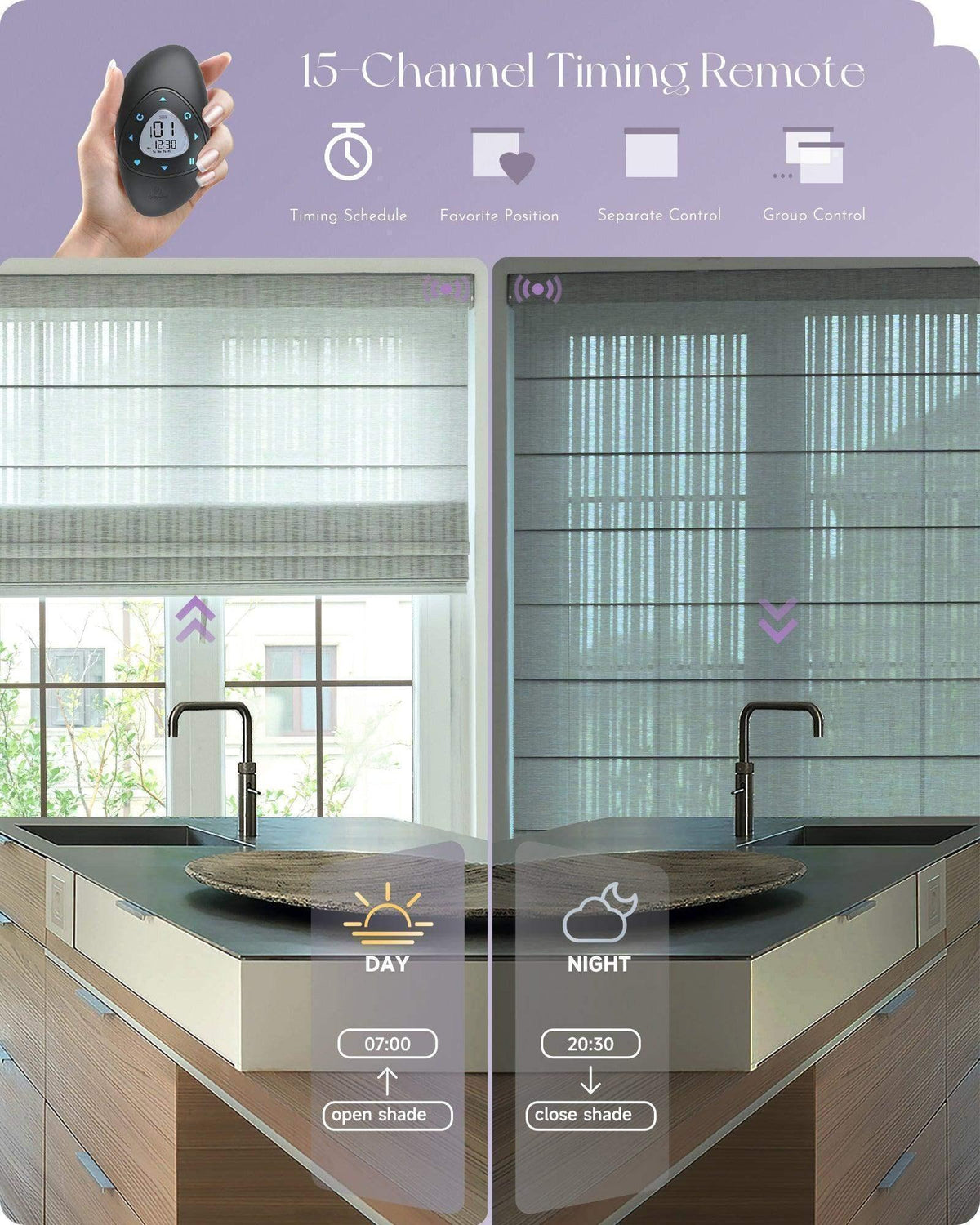 Smart timing remote controls custom window shades in modern kitchen, showing day and night automation.