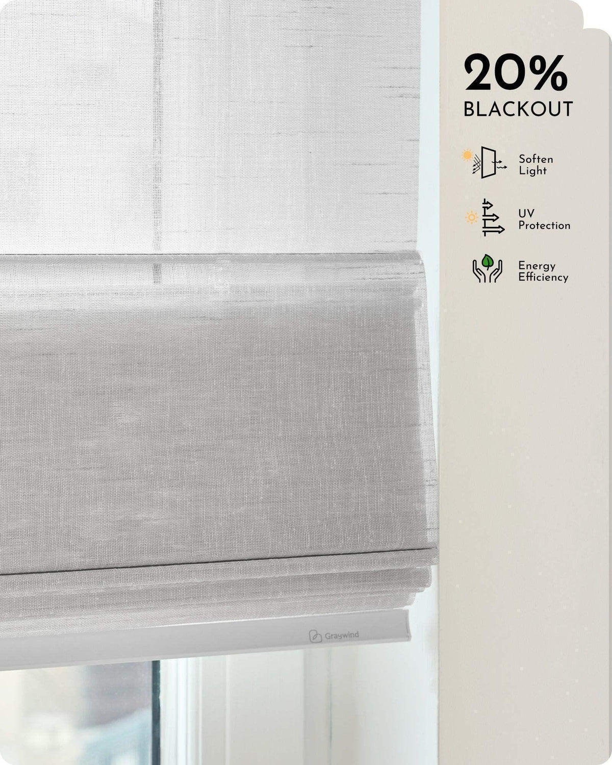 Light gray blackout fabric window shade with 20% blackout, softening light, UV protection, energy efficiency icons.
