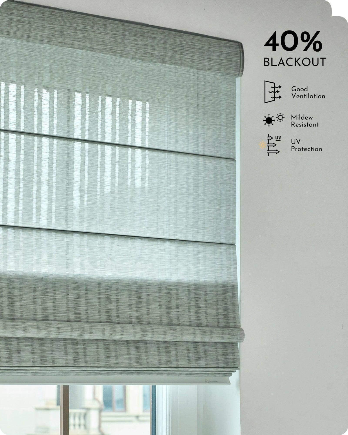 Light gray Roman shade with 40% blackout, good ventilation, mildew resistance, and UV protection.