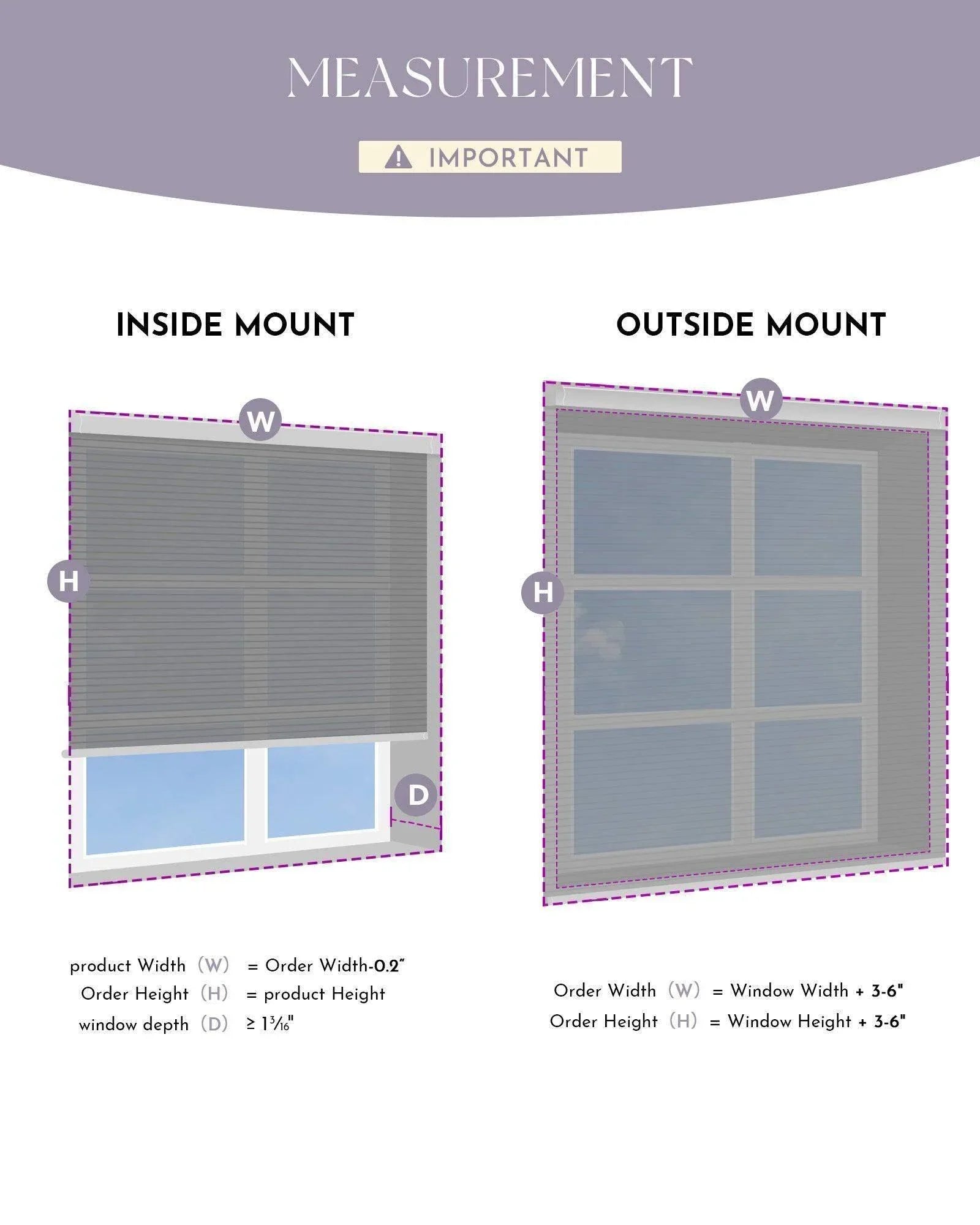 Inside and outside mount window blind measurement guide with labeled width, height, and depth.