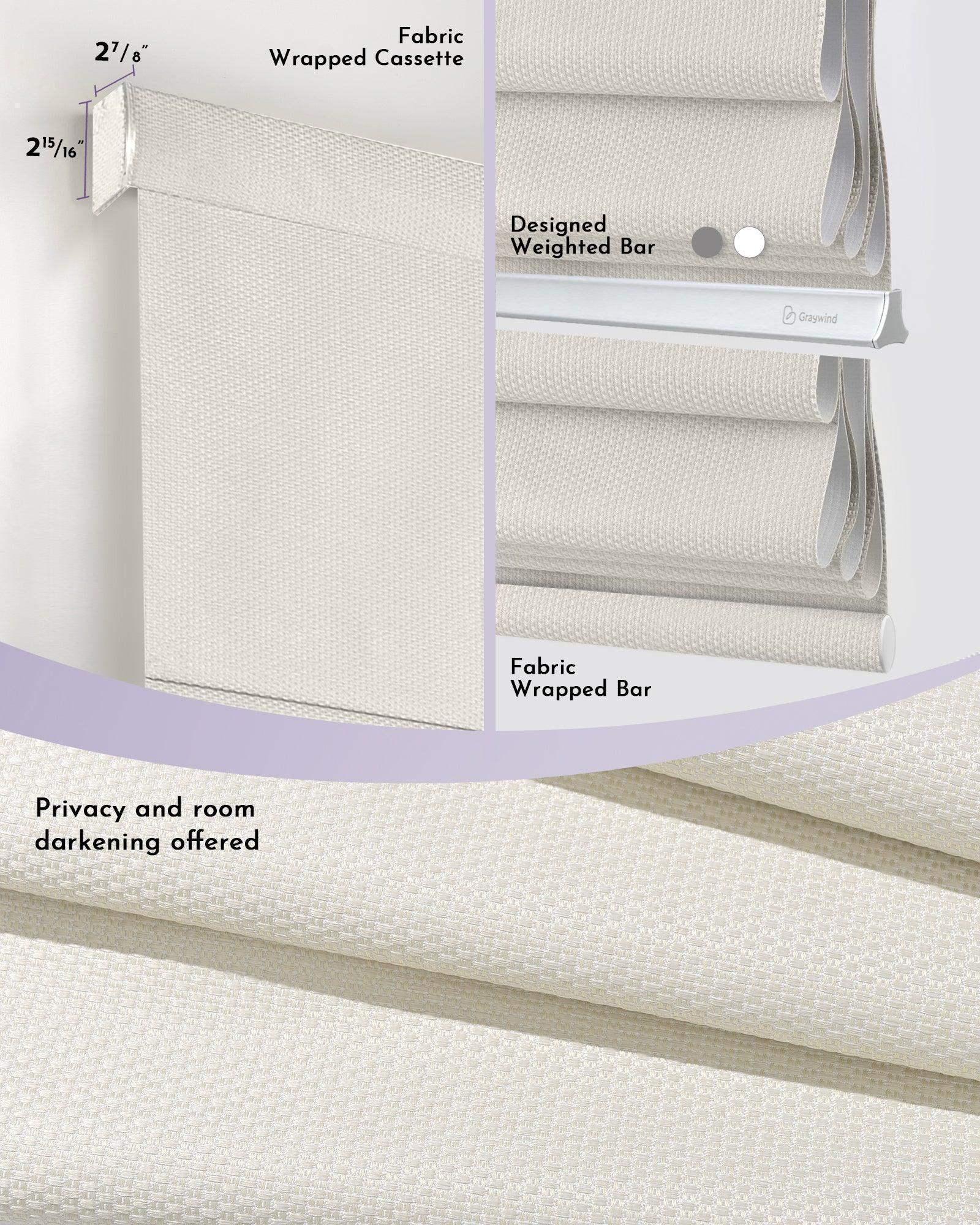 Close-up of light beige fabric window shades with fabric-wrapped cassette, weighted bar, and textured material for privacy and room darkening.