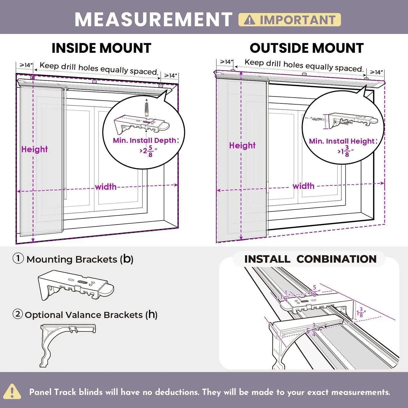 Measurement guide for inside and outside mount panel track blinds, showing bracket installation and required depths.