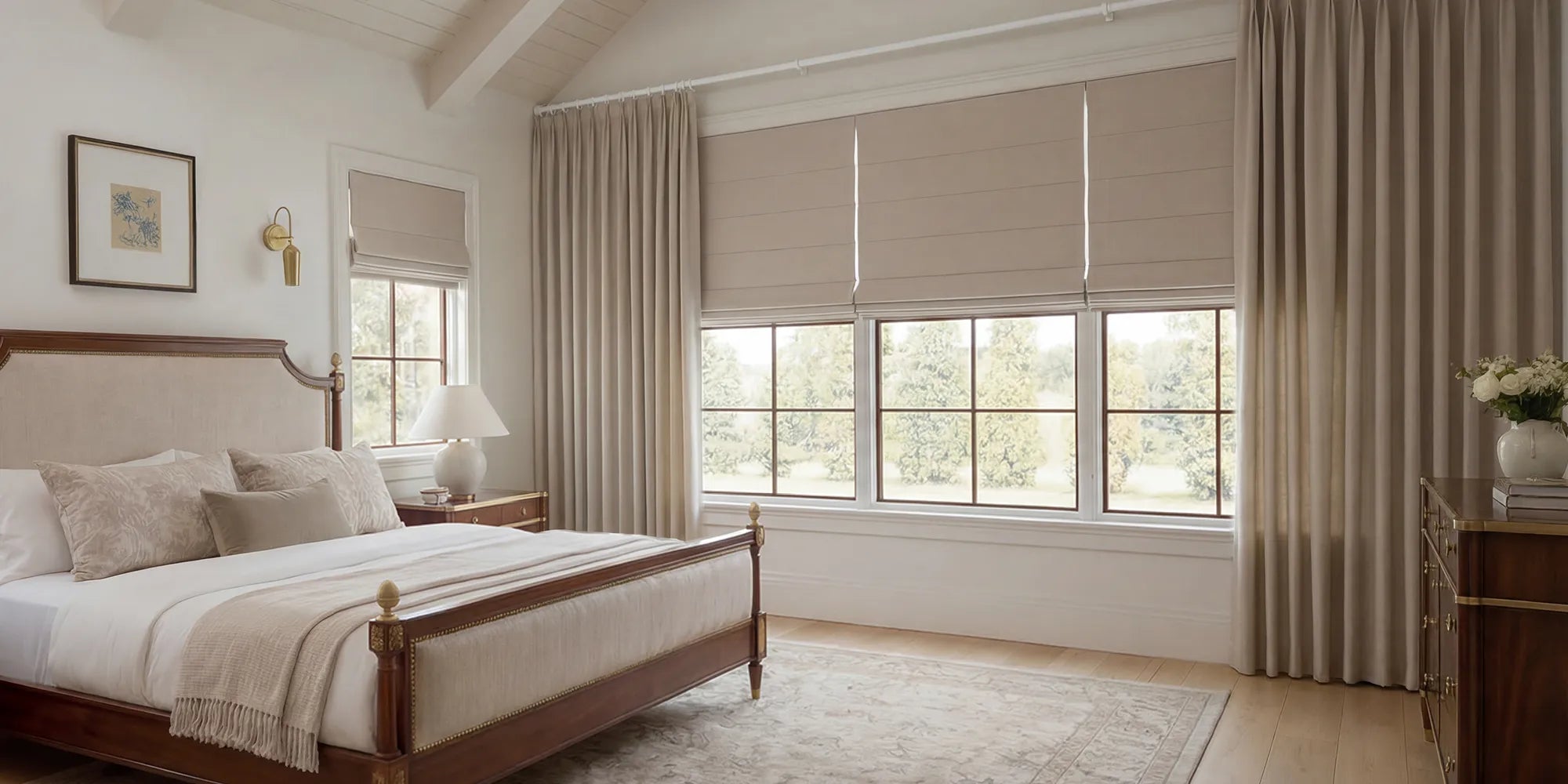 The same classic bedroom now featuring smart motorized Roman shades on the windows and smart floor-length curtains on each side, providing a layered and sophisticated window treatment.