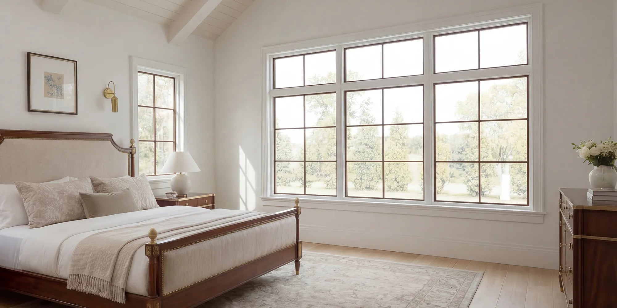 A bright, classic bedroom with a large uncovered grid window, showing an open view of trees outside, a vintage wooden bed frame, and a neutral-toned rug.