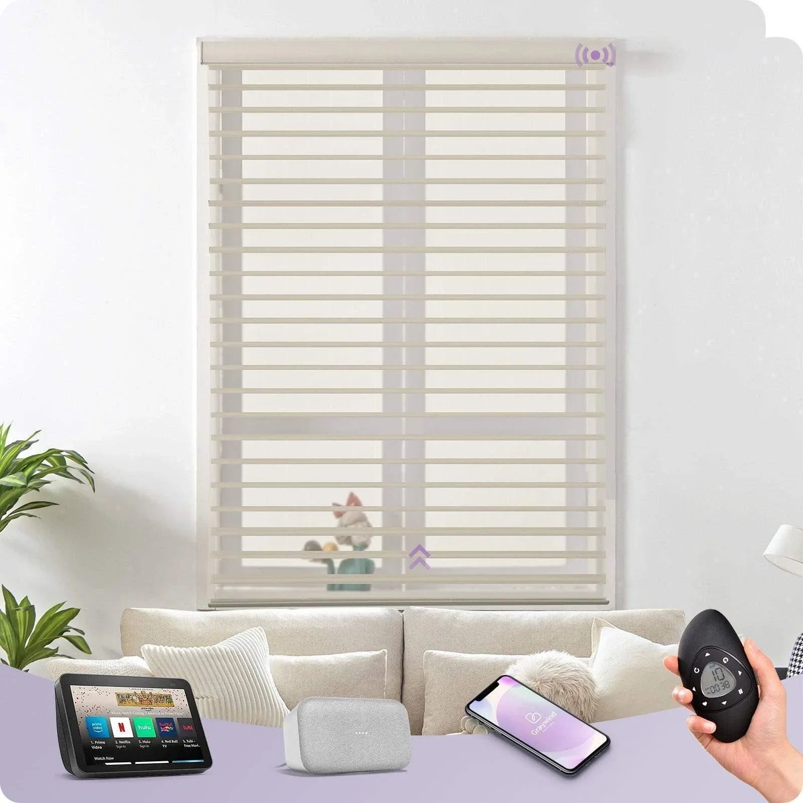 Beige motorized window blinds in living room, compatible with smart home devices and remote control.