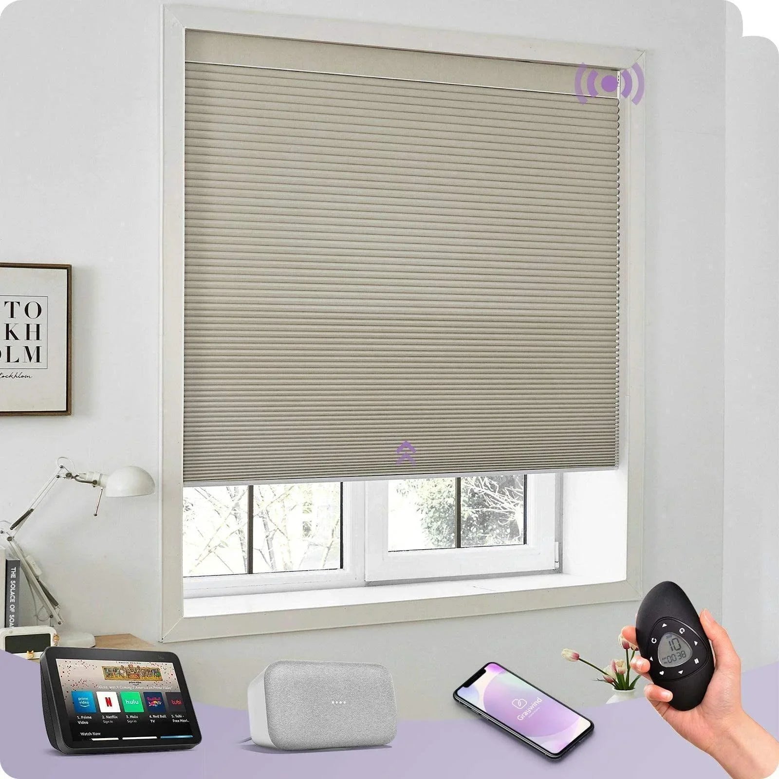 Beige smart cellular window shade in home office, shown with remote, smartphone, and smart speakers.