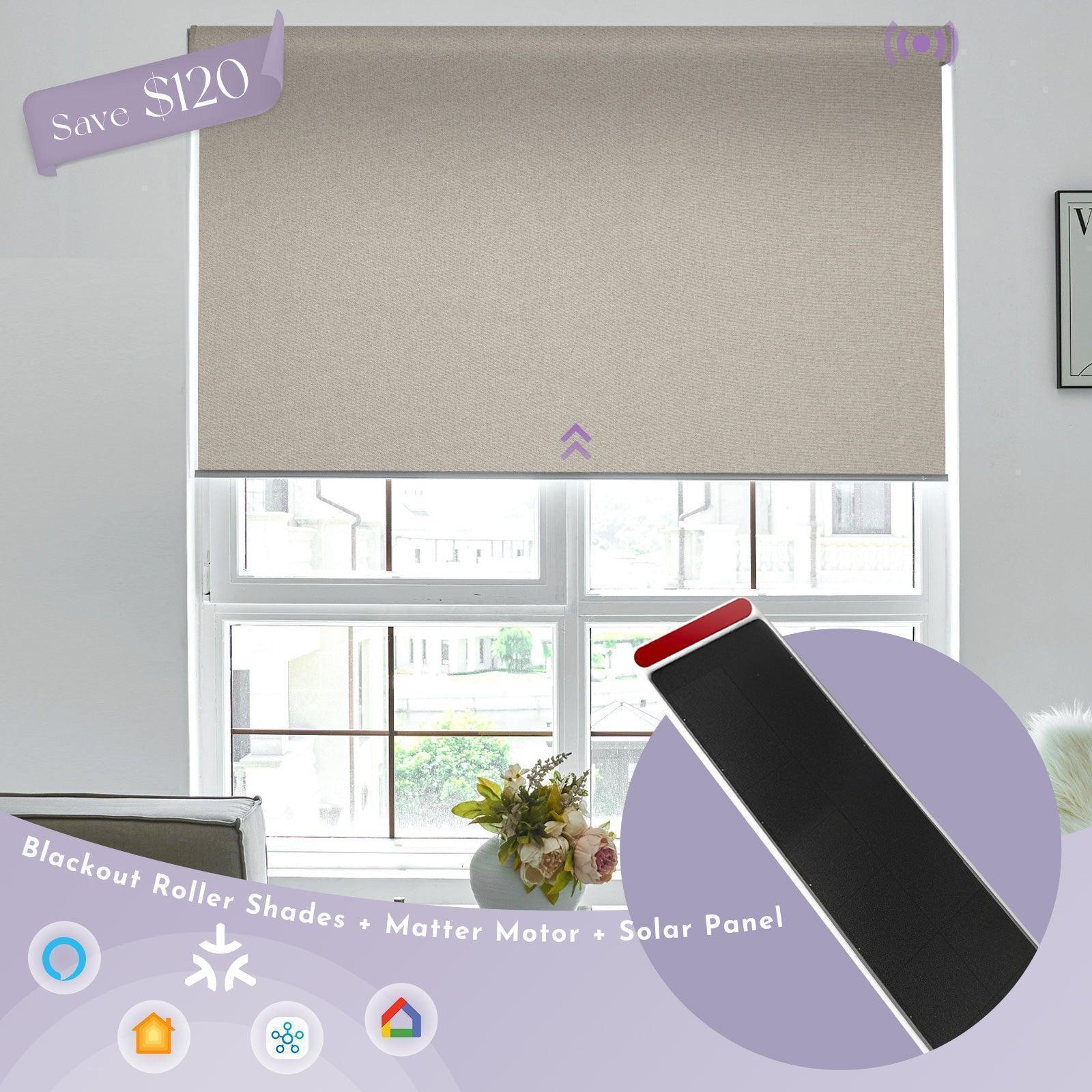 Beige blackout roller shade with Matter motor and solar panel in a modern living room window.