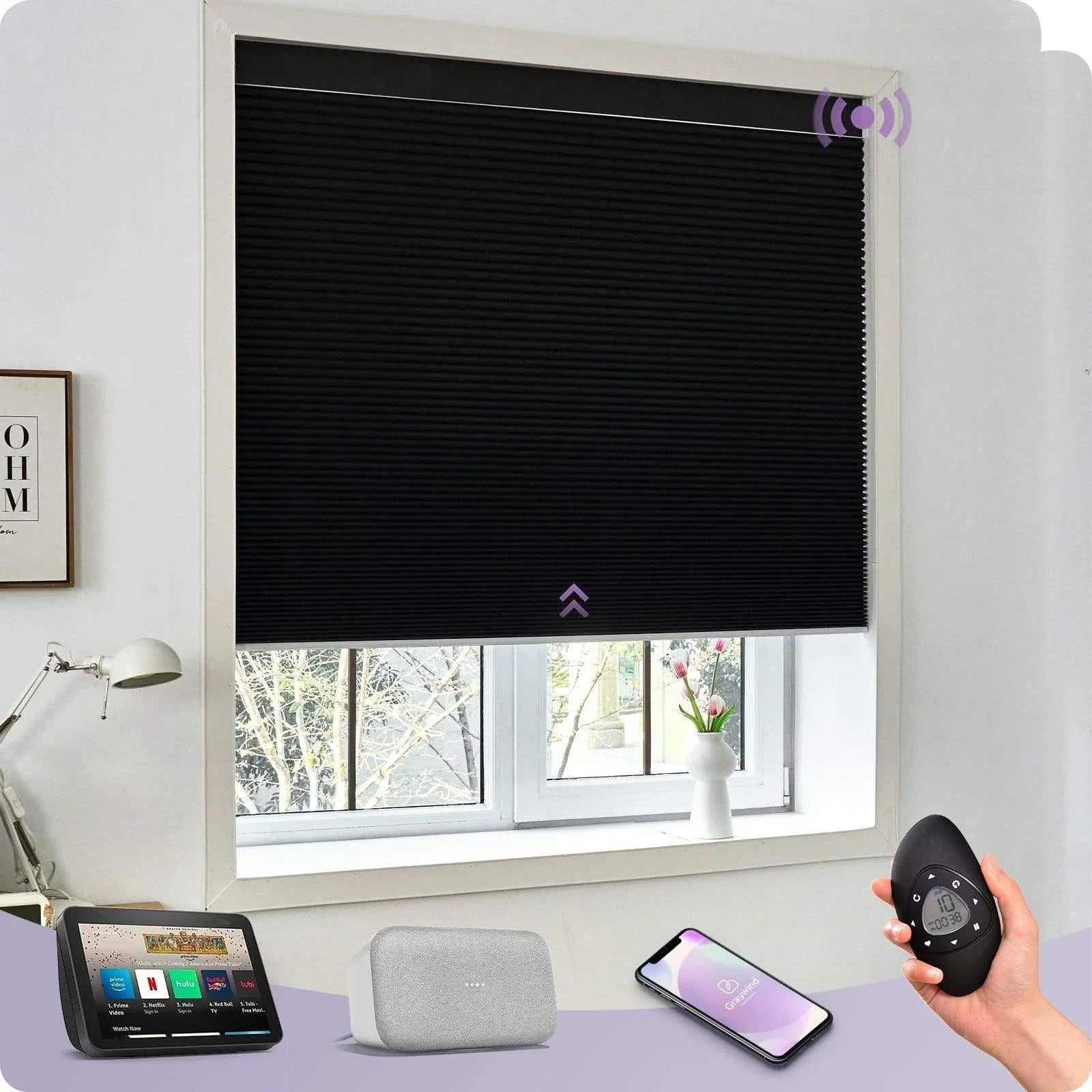 Black smart motorized window shade in modern room, shown with remote, smartphone, and smart home devices.