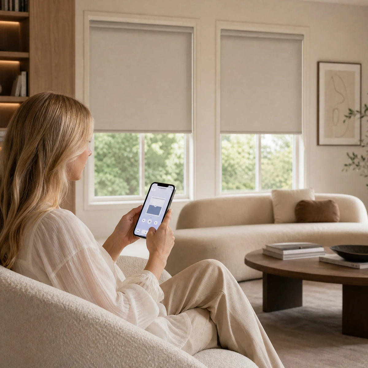 Motorized blackout roller shades controlled by mobile app in a modern living room