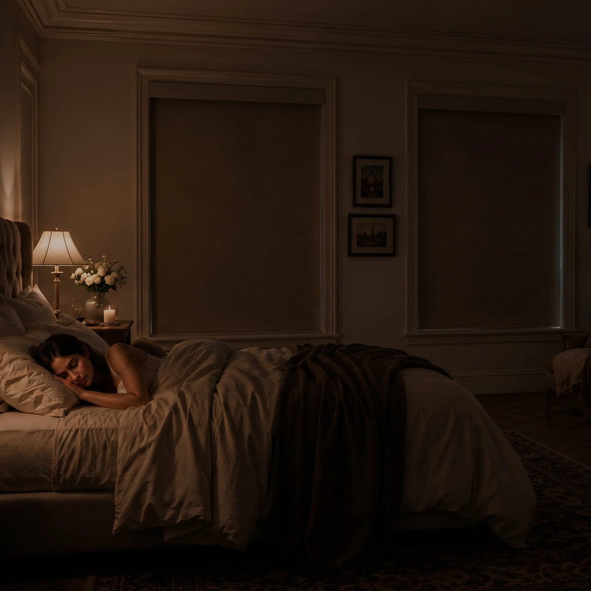 Blackout roller shades creating a dark and private bedroom environment at night