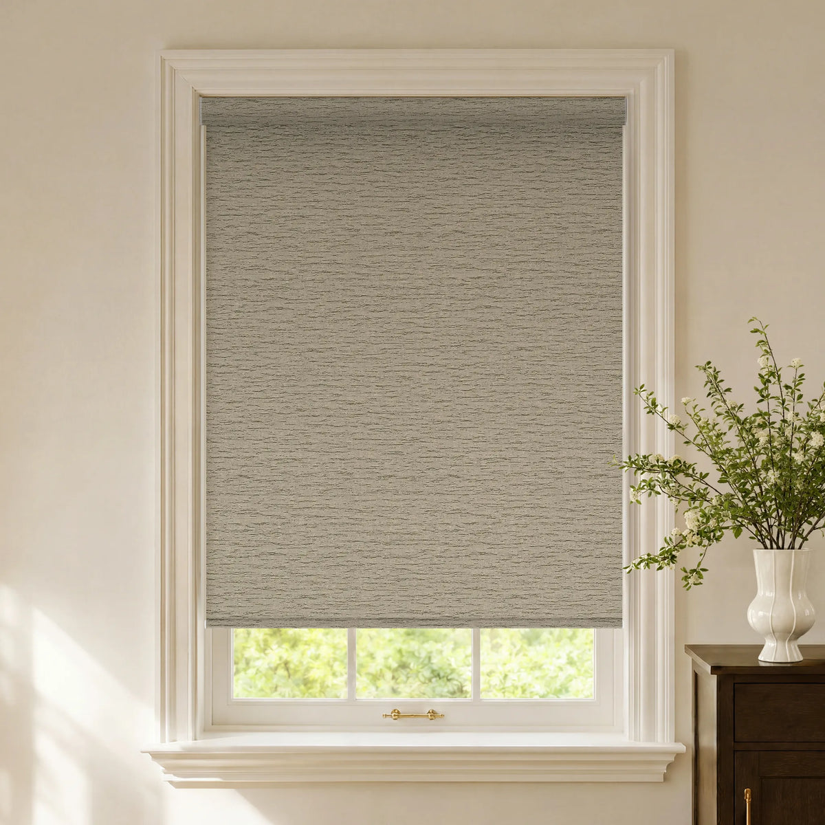 Frequency Sand blackout roller shades with a warm neutral textured design