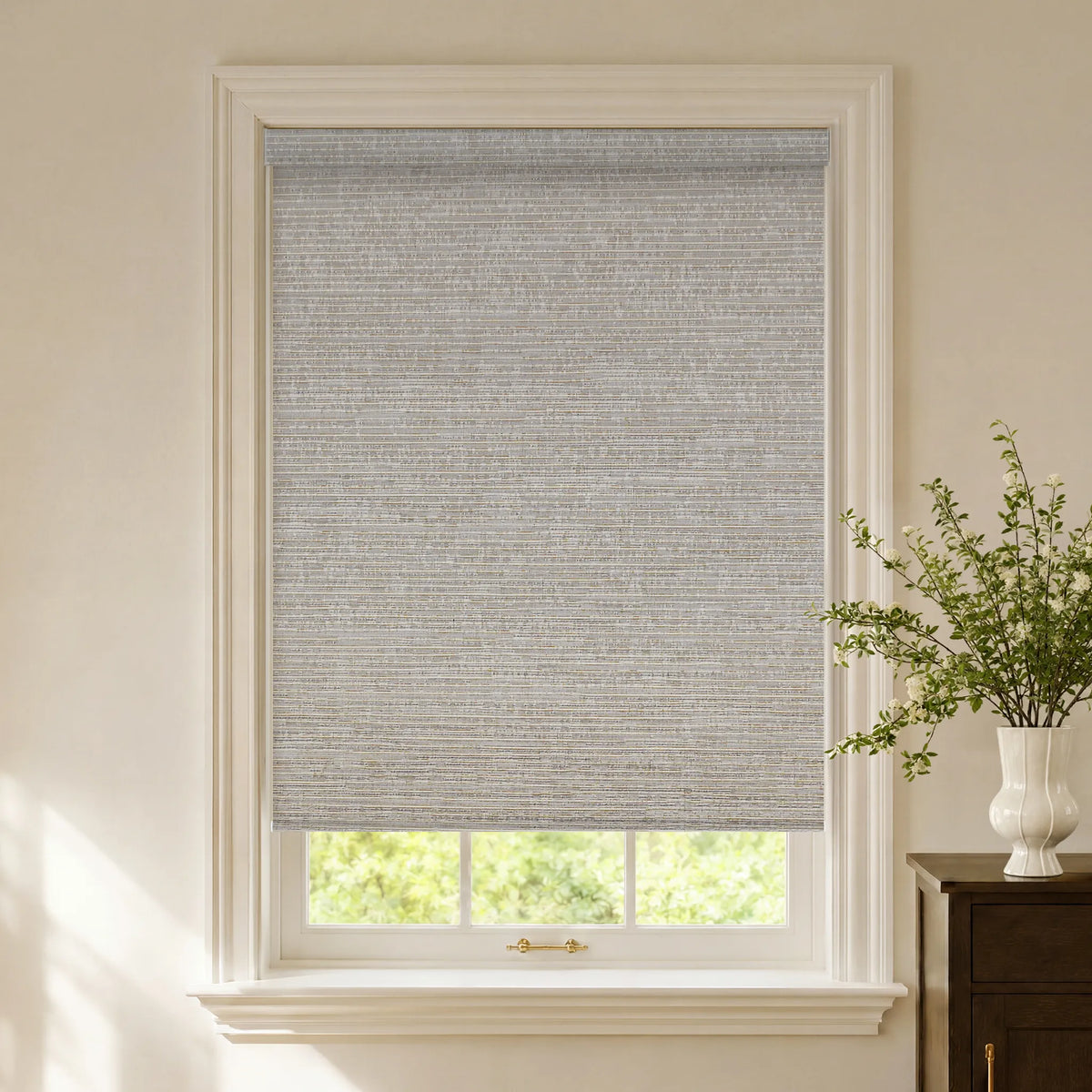 Metallic fuscous grey blackout roller shades with a refined textured finish