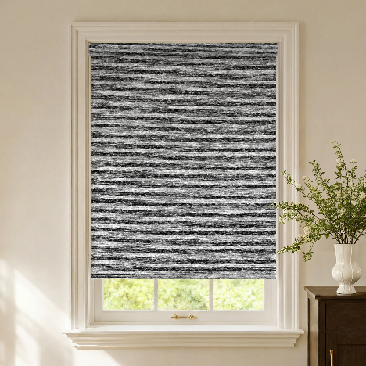 Striped grey blackout roller shades with a modern linear fabric design