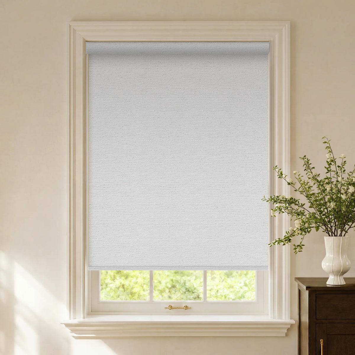 White striped blackout roller shades with a clean decorative fabric texture