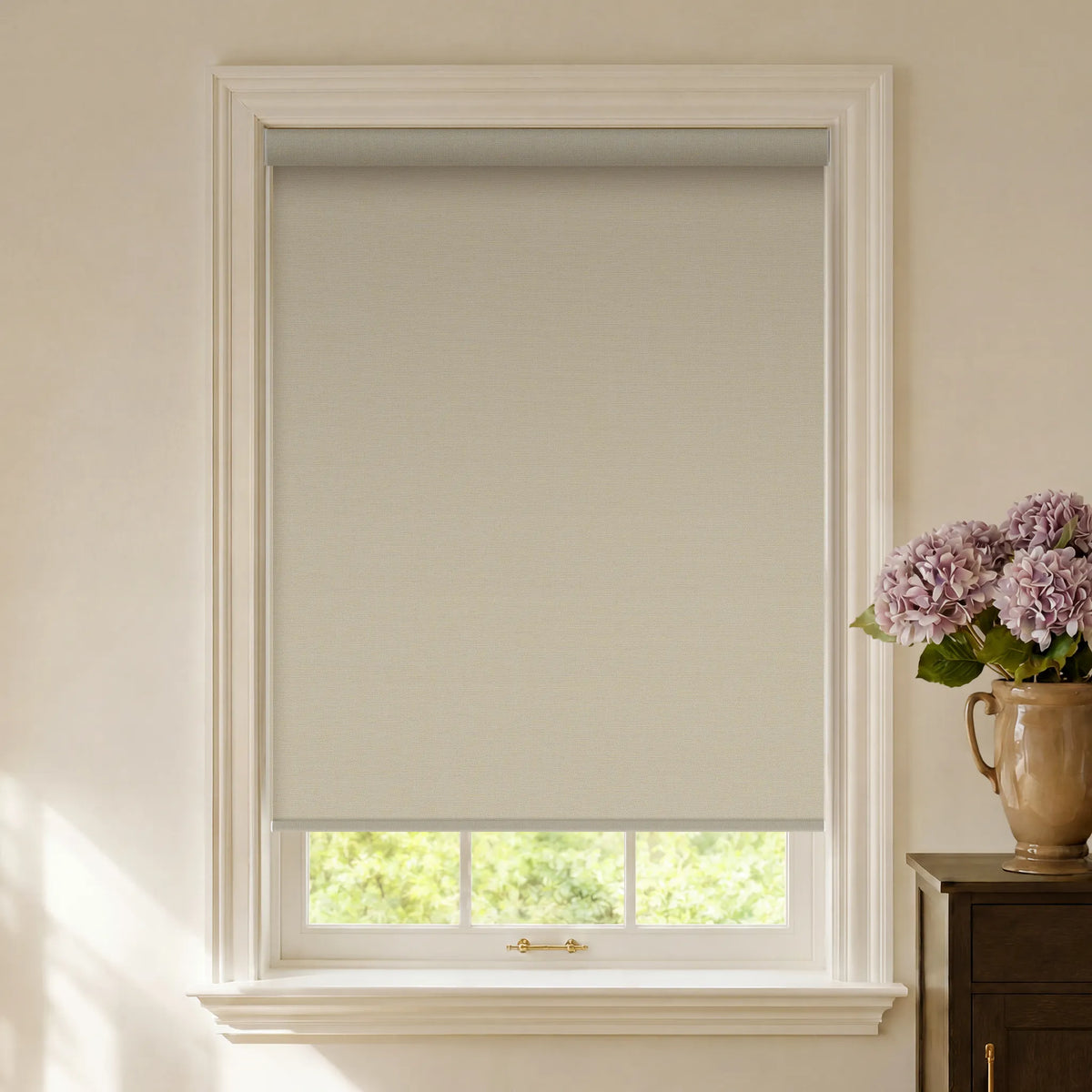 Beige white fabric blackout roller shades for privacy and room darkening