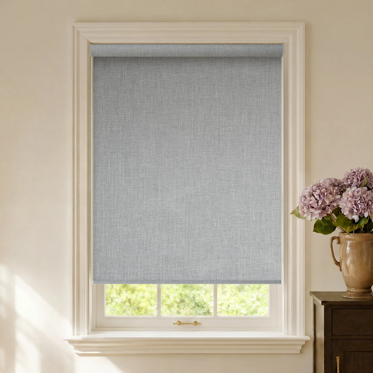 Cloudy grey fabric blackout roller shades with soft neutral texture