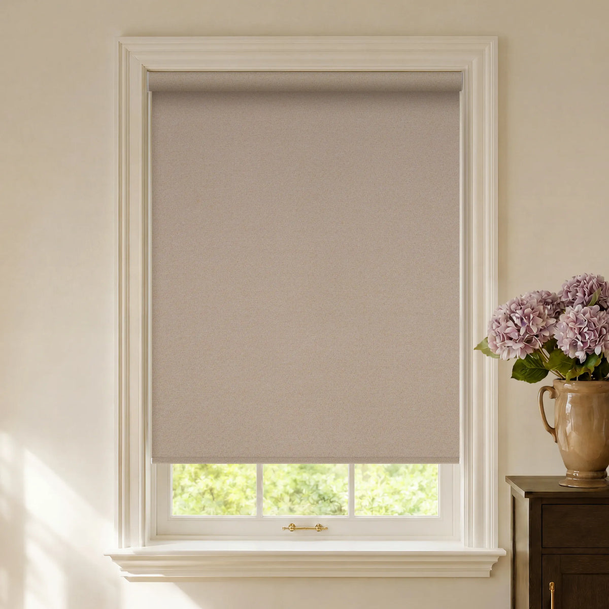 Light coffee fabric blackout roller shades with warm neutral room darkening fabric