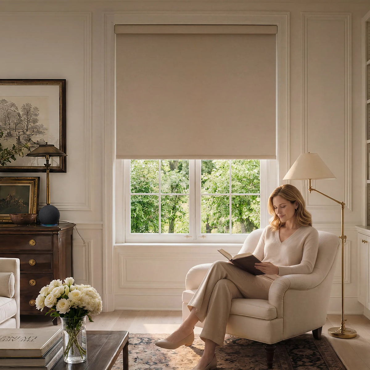 Blackout roller shades for light control and privacy in a bright modern living room