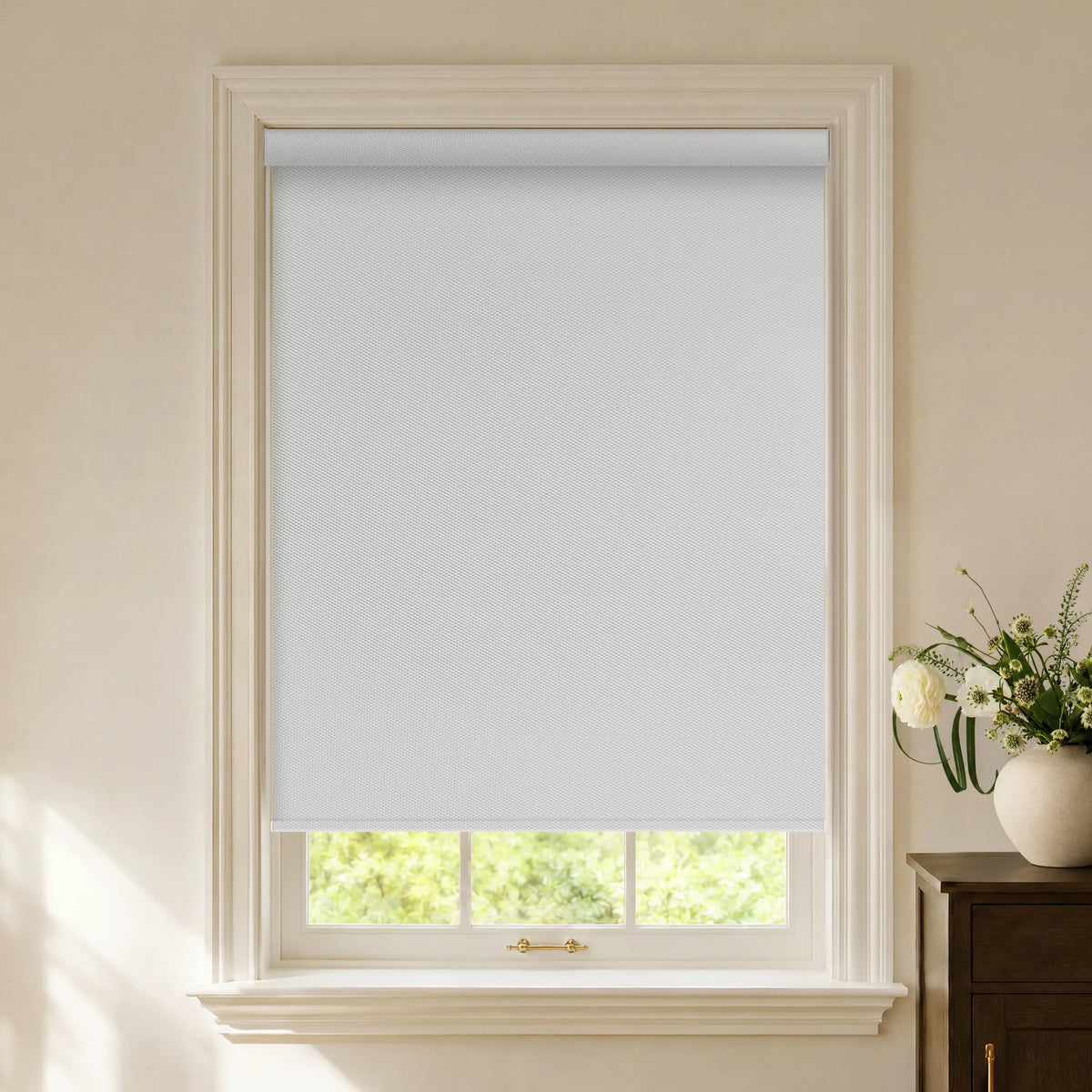 Bright white textured blackout roller shades for clean modern room darkening