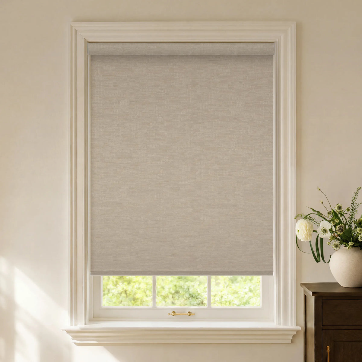 Coffee jacquard textured blackout roller shades with decorative fabric detail