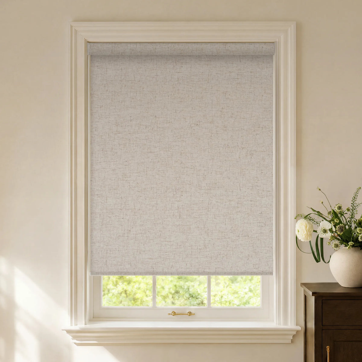 Linen beige textured blackout roller shades with a natural woven fabric look